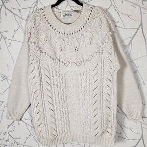 Jessie VTG Ivory Ramie Cotton Cable Knit Popcorn Textured Sweater
